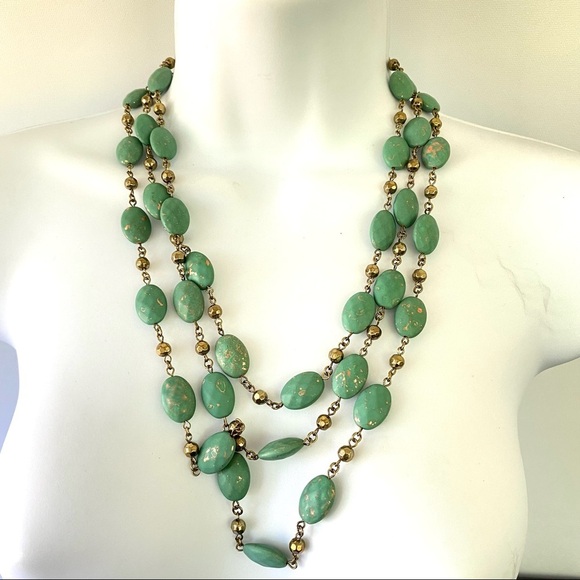 Turquoise & Gold Colored Acrylic Beads Super Long Necklace - Picture 4 of 6